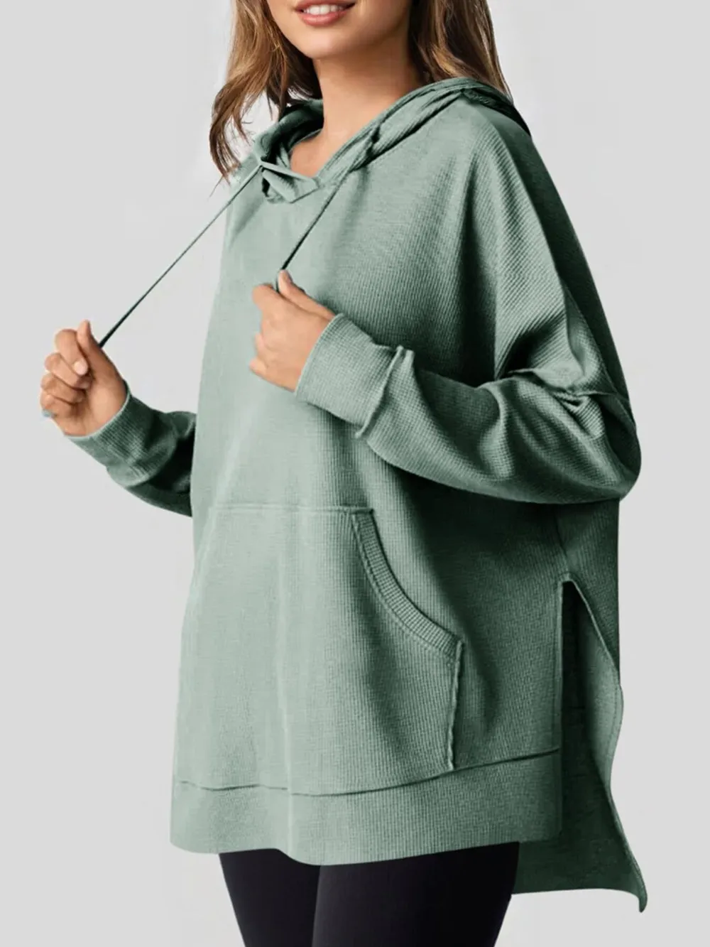 Slit Drawstring Waffle Knit Hoodie, image 13