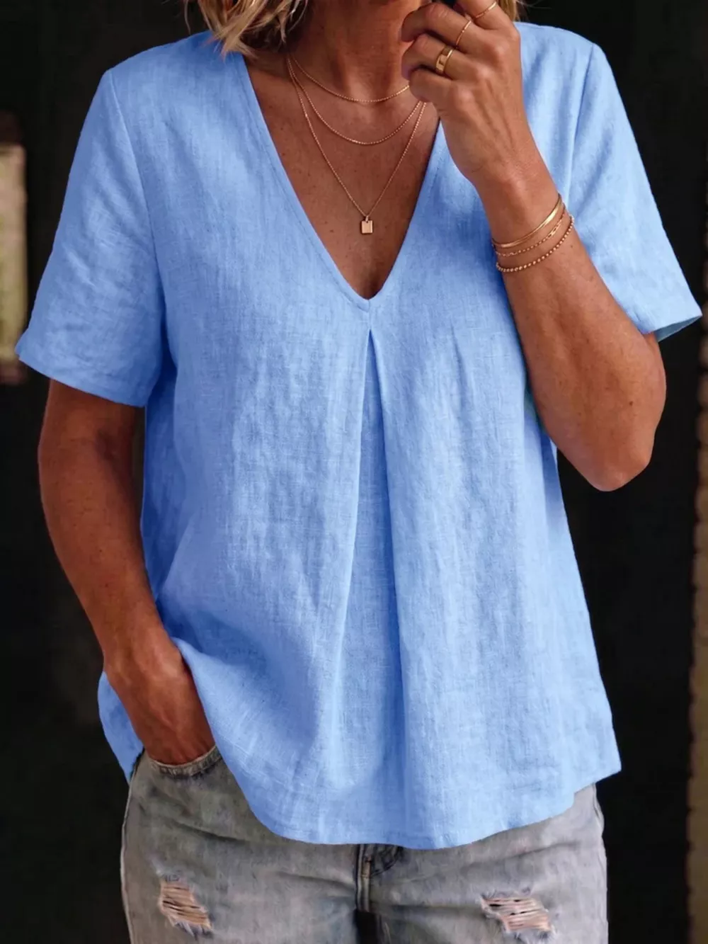 Full Size V-Neck Pleated Short Sleeve Blouse Plus Size, image 6