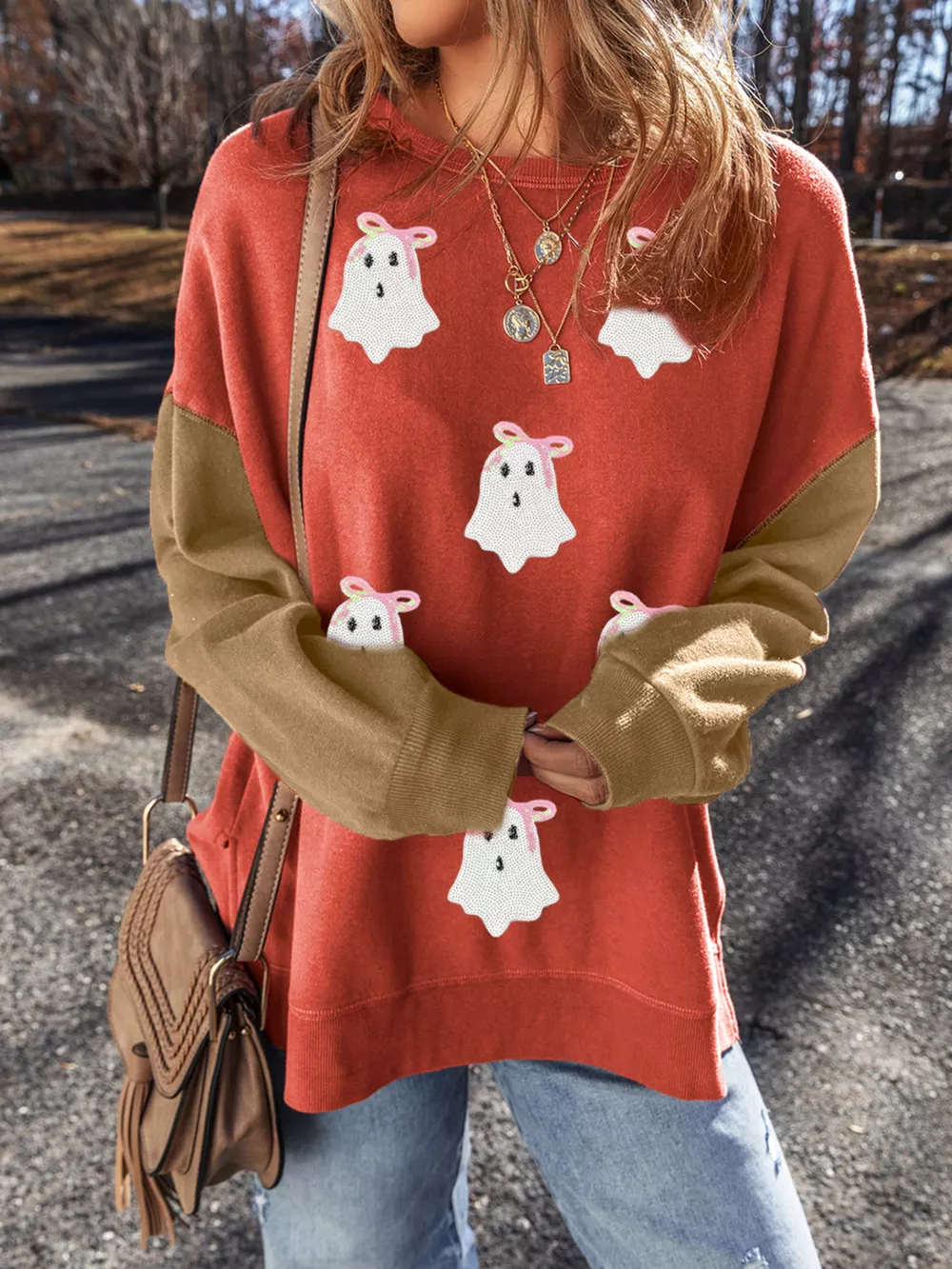 Halloween Glitter Ghost Patched Pattern Color Block Sweatshirt, image 4