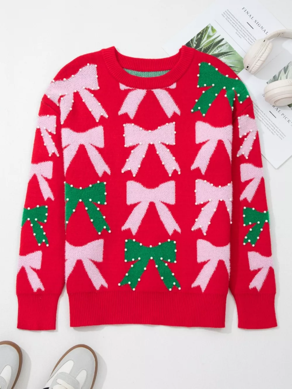 Bow Pearl Embellished Christmas Holiday Sweater, image 5