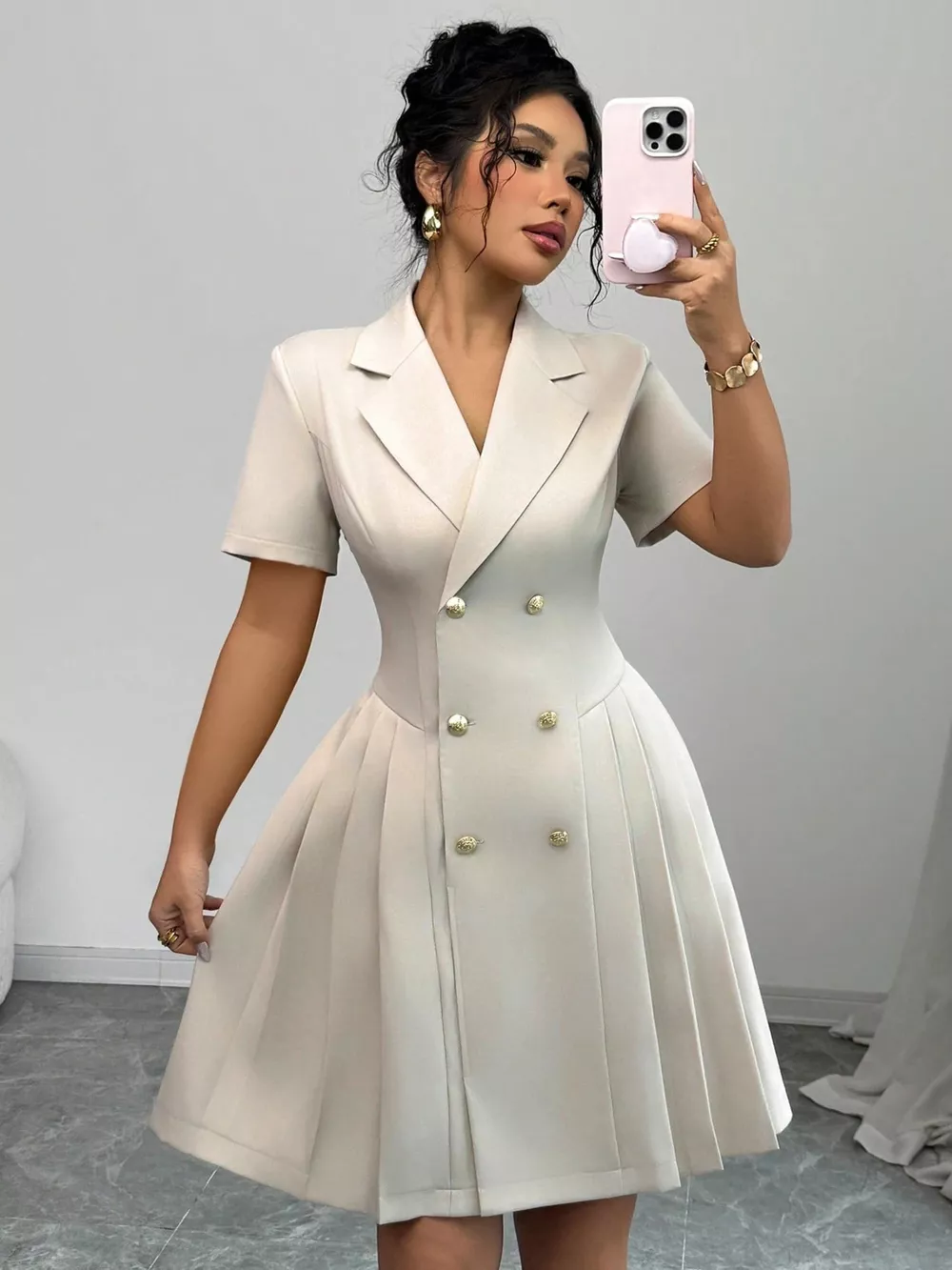 Double-Breasted Pleated Blazer Dress, image 6