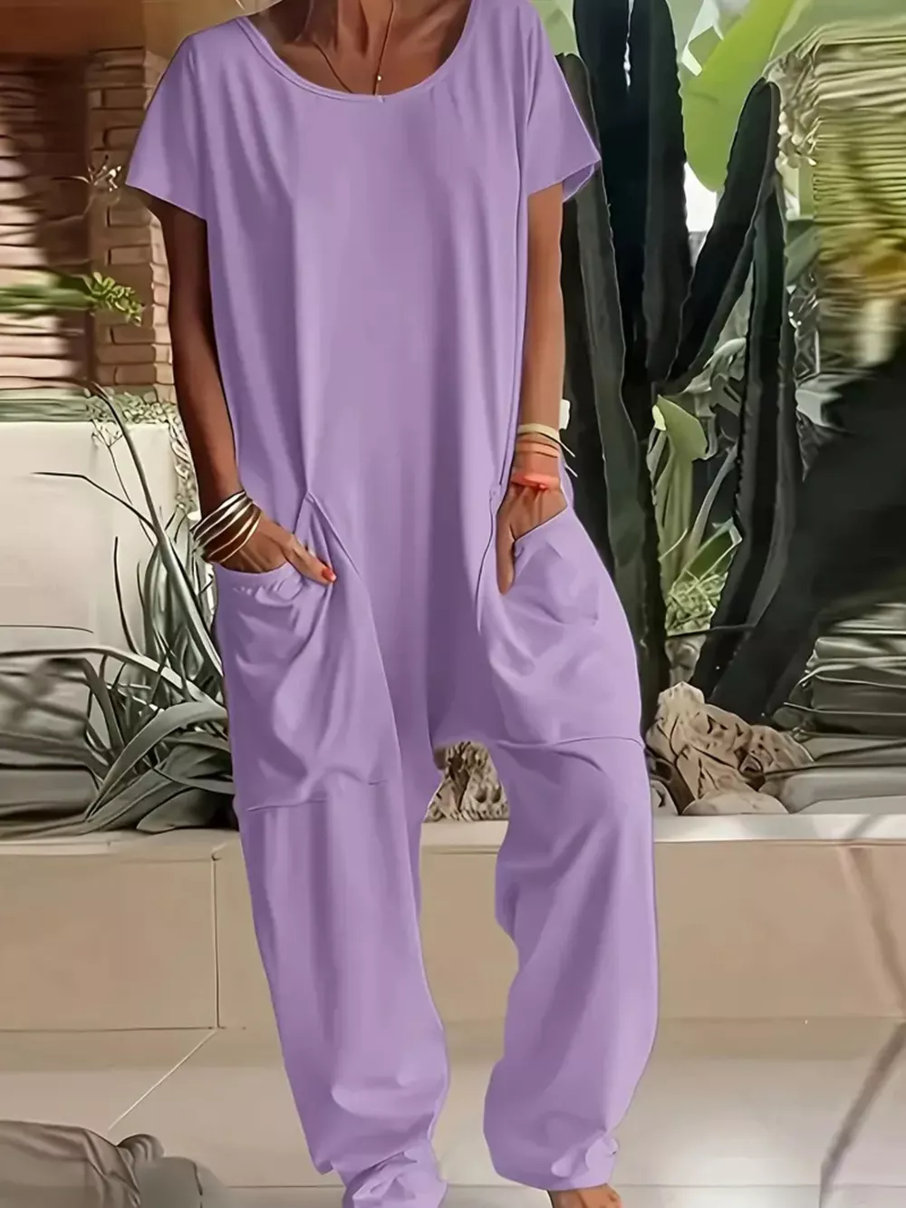 Full Size Loose Fit V-Neck Short Sleeve Wide Leg Jumpsuit Plus Size, image 13