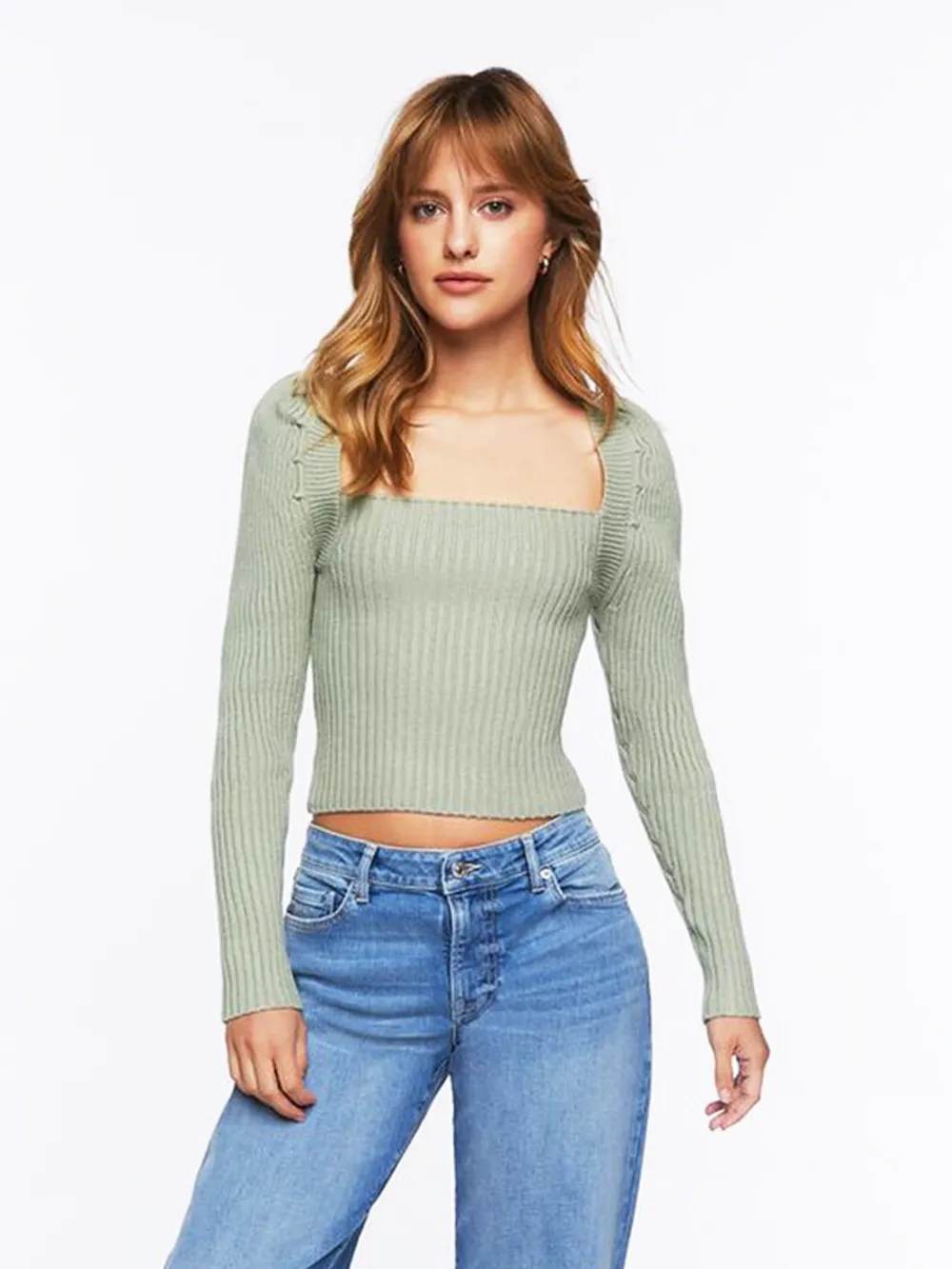 Ribbed Square Neck Long Sleeve Sweater, image 15