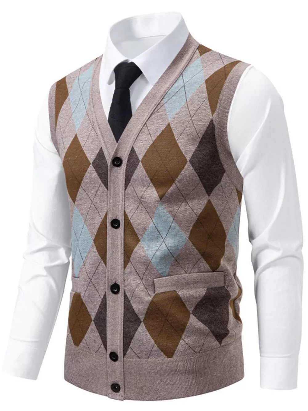 Men's Plus Size Argyle Pattern V-Neck Button-Down Cardigan Vest, image 2