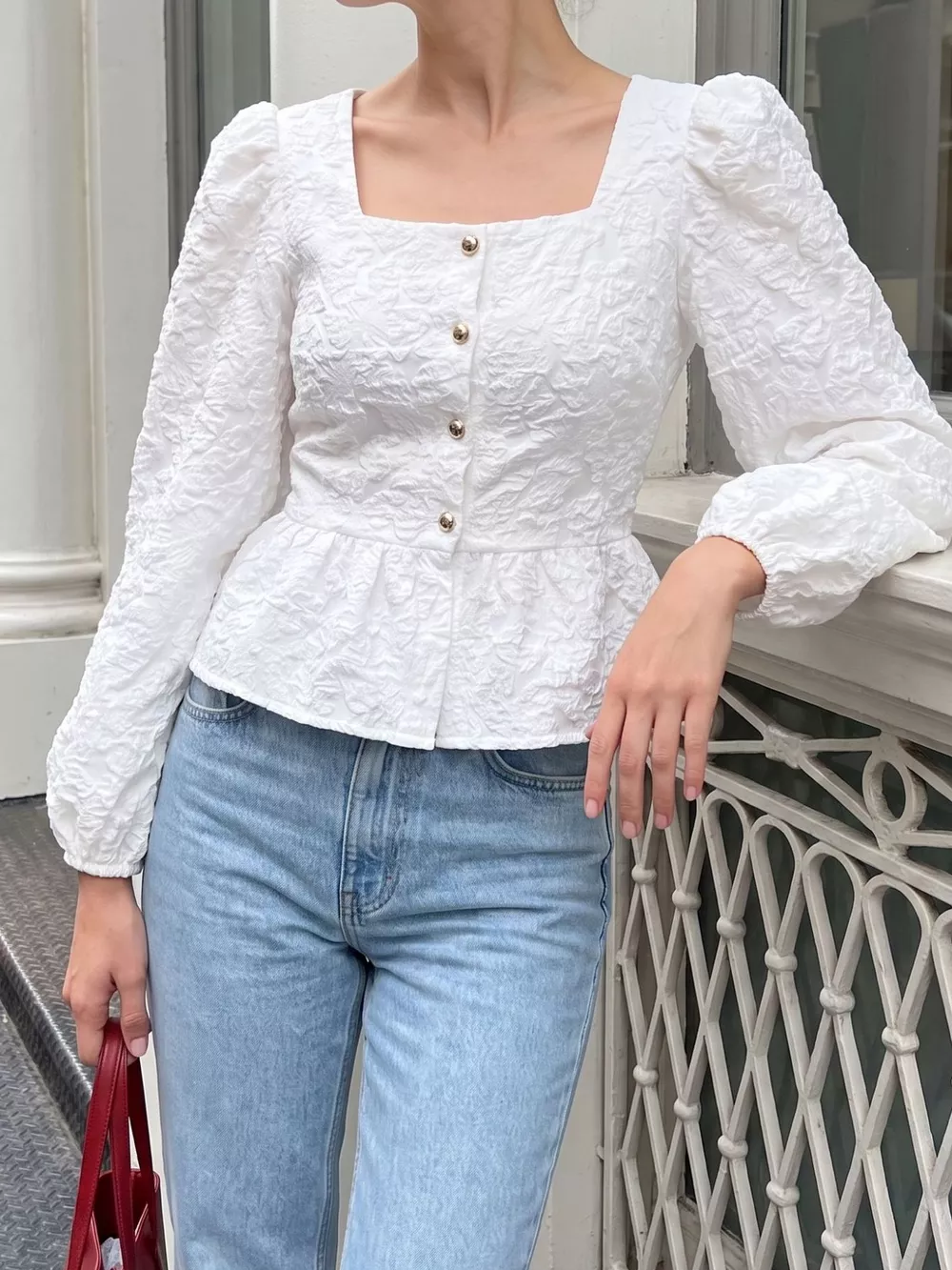 Square Neck Textured Peplum Blouse, image 2