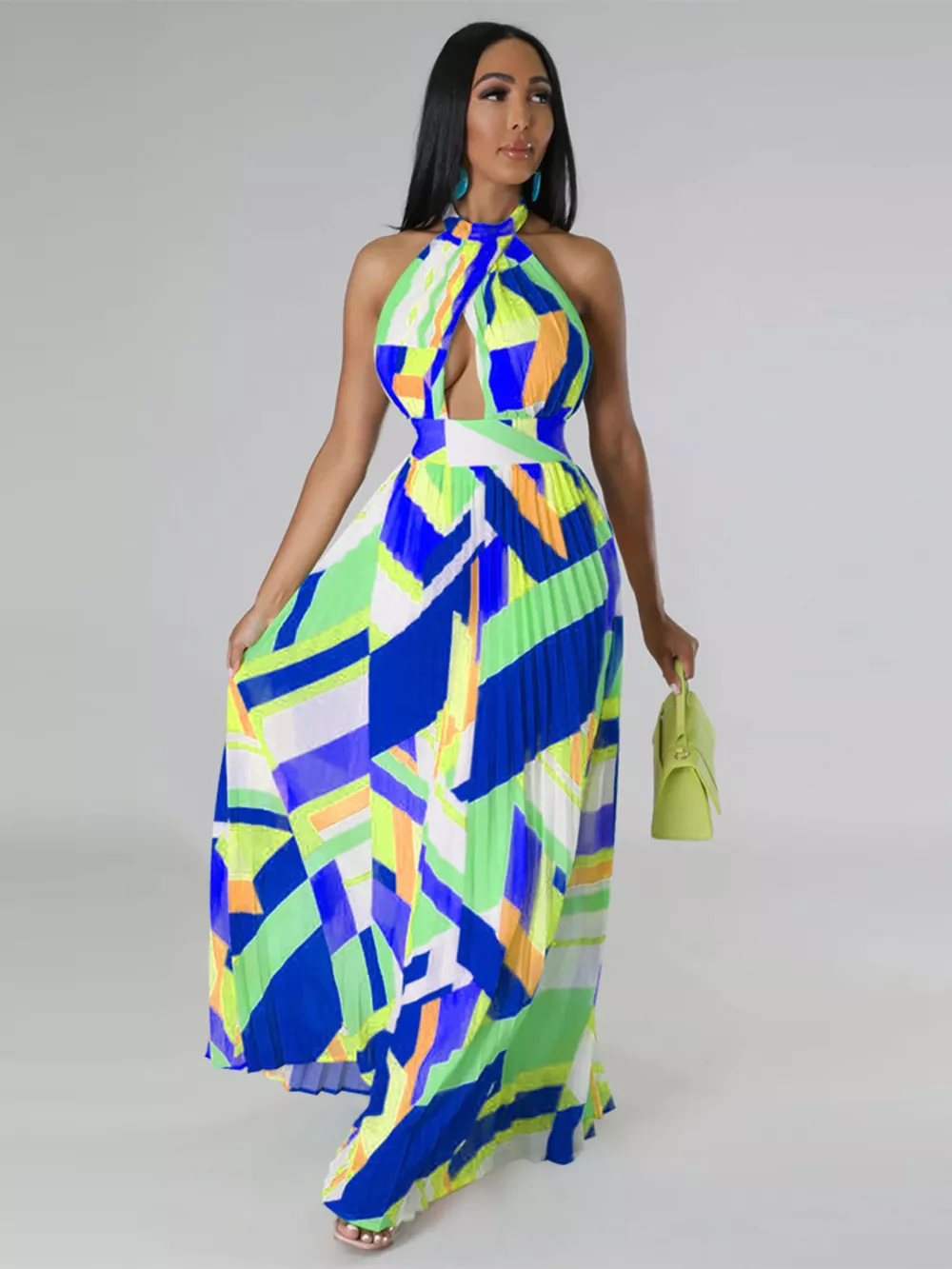 Halter Neck Geometric Print Pleated Maxi Dress, image 13