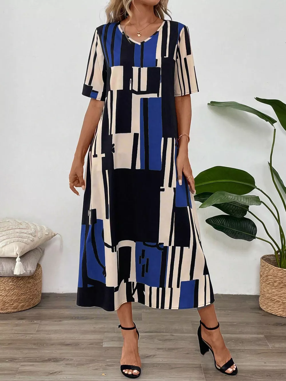 Abstract Geometric Print V-Neck Midi Dress, image 11
