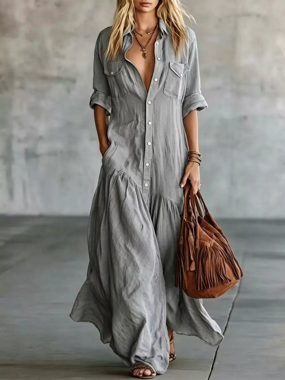 Full Size Button Front Roll-Up Sleeve Maxi Dress Plus Size, image 4
