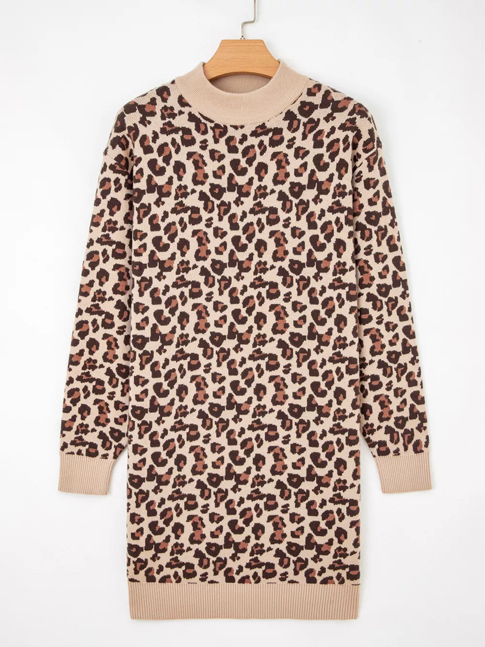 Leopard Print High Neck Shift Mini Sweater Dress, image 3