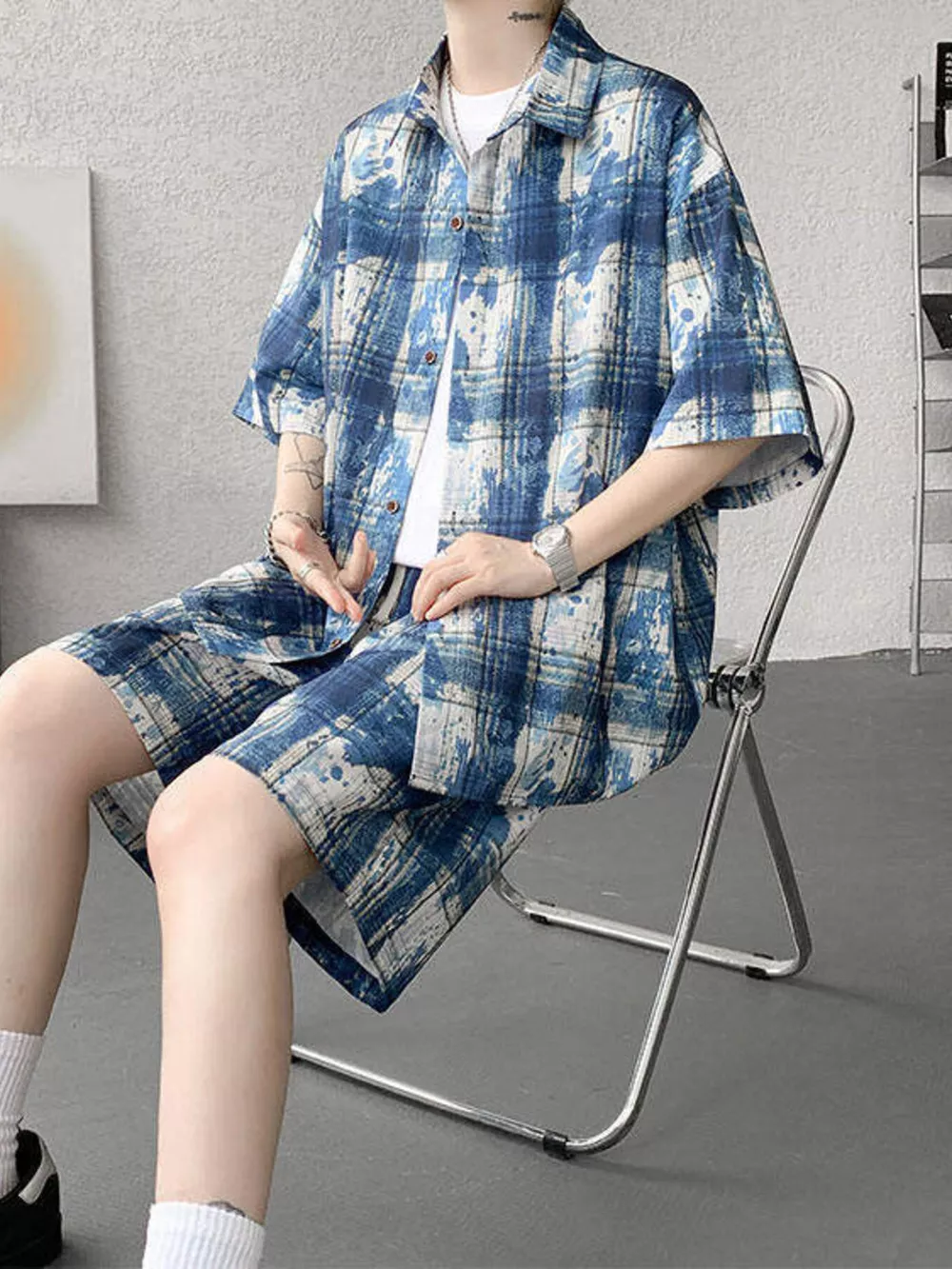 Men's Plus Size Casual Plaid Print Shirt & Shorts Set, image 7