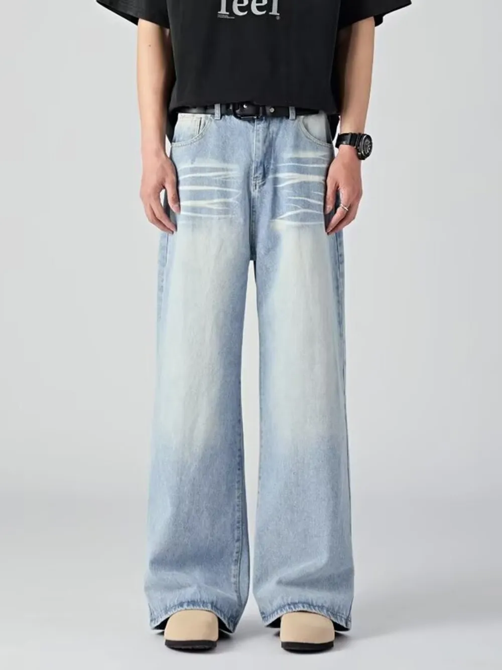 Men's Plus Size Wide Leg Wash Jeans