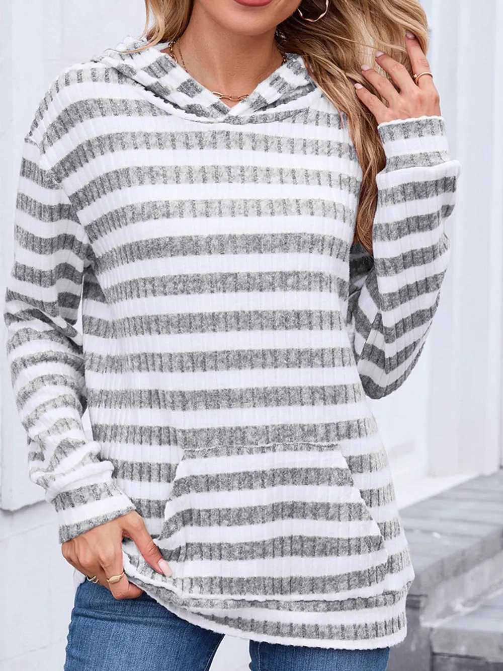Striped Ribbed Knit Hoodie with Kangaroo Pocket, image 4