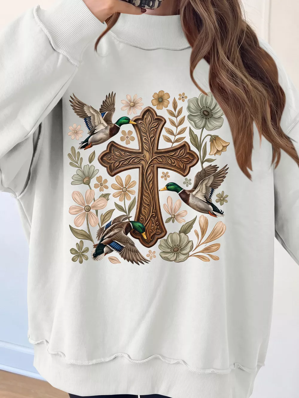 Floral Cross Printed Mock Neck Pullover Sweatshirt, image 3