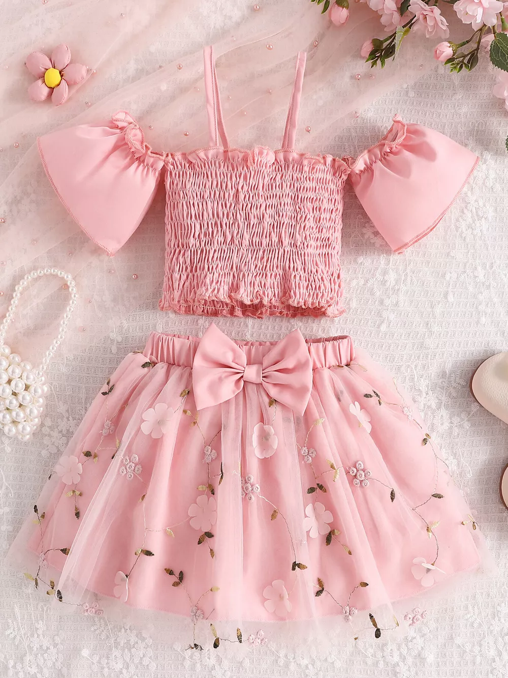 Children's Smocked Top & Bow Decor Tulle Skirt Set, image 2