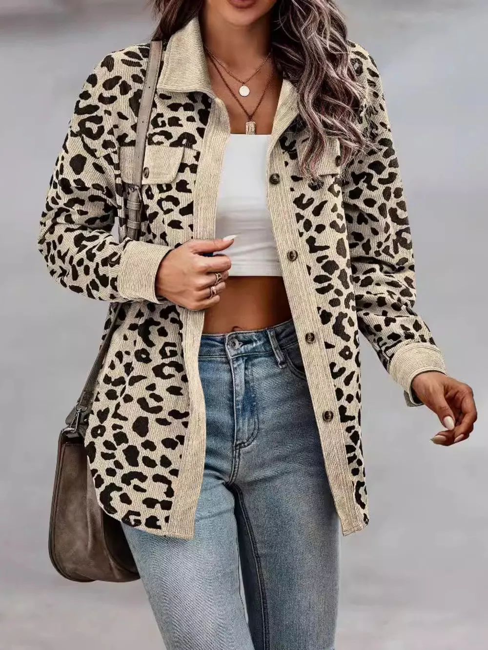 Full Size Leopard Print Button-Down Jacket Plus Size