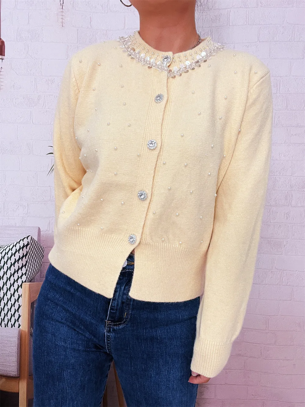 Pearl Detail Button-Front Cardigan, image 26