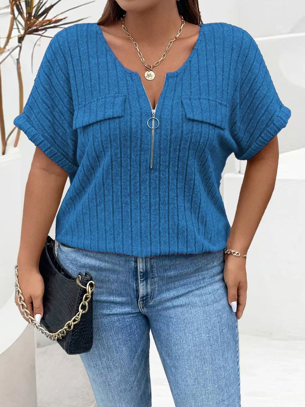 Plus Size Ribbed Half Zip Relaxed Fit T-Shirt, image 7