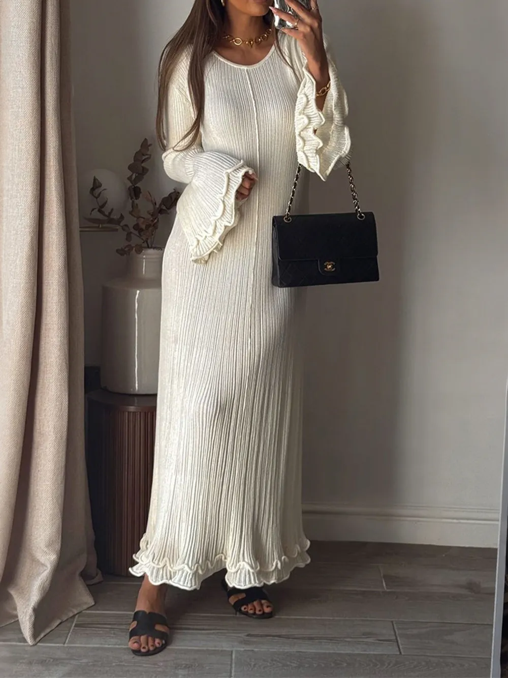 Ribbed Long Sleeve Dress with Ruffle Hem