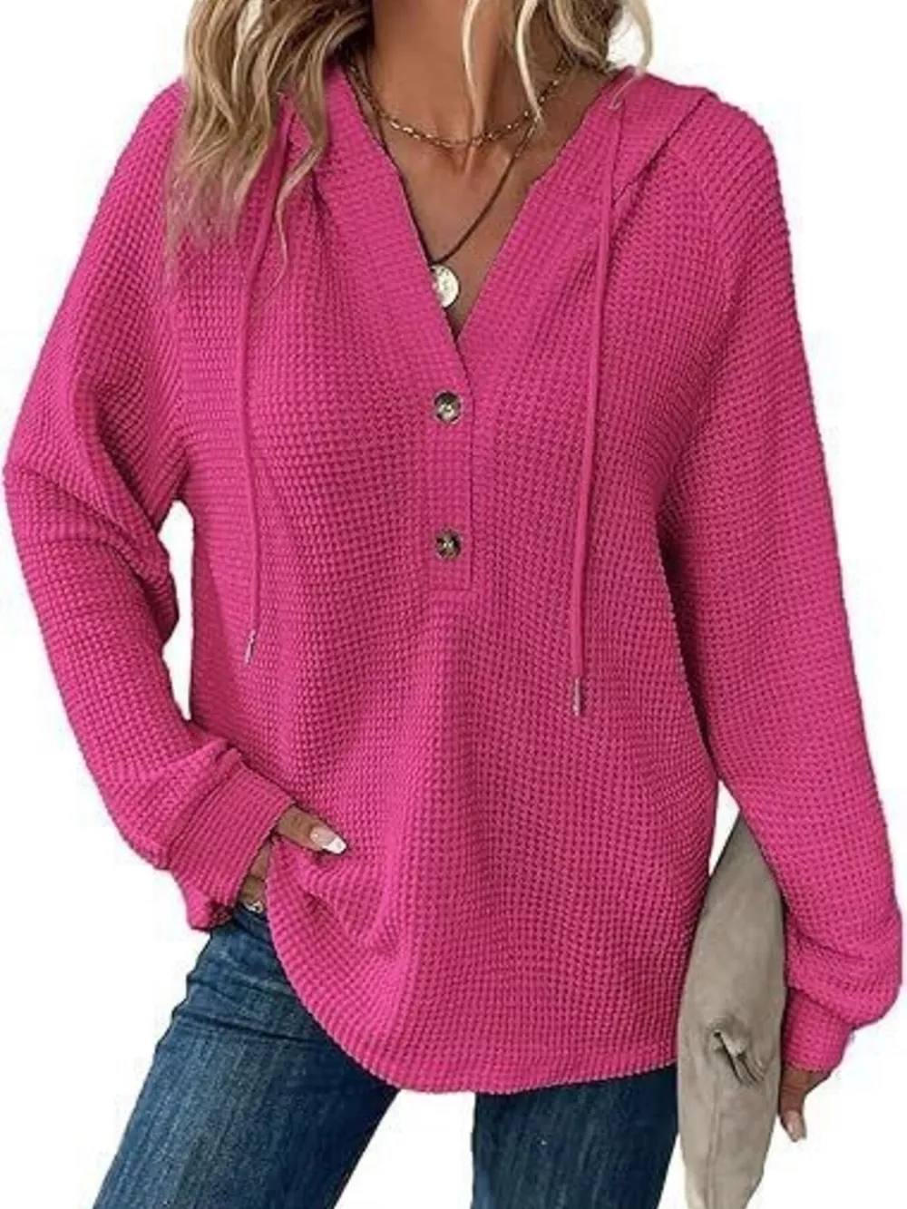 Full Size Waffle Knit Half-Button Hoodie Plus Size, image 11