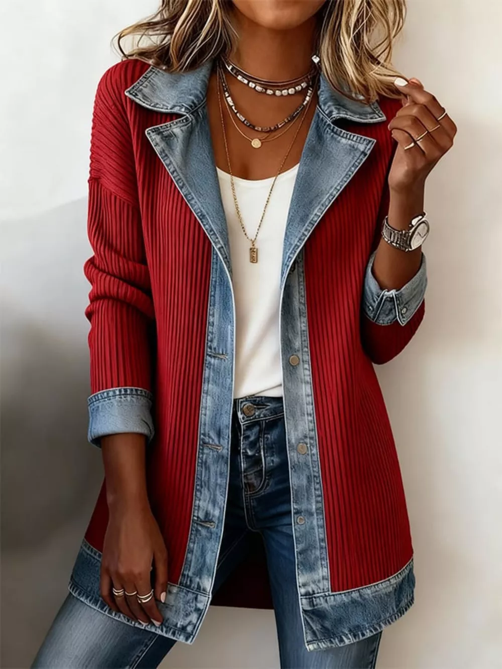 Full Size Denim Trim Ribbed Knit Jacket Plus Size, image 7