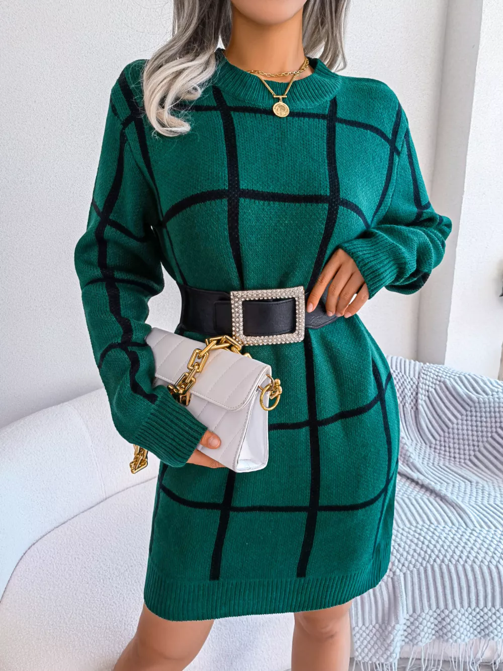 Plaid Pattern Long Sleeve Sweater Dress, image 5