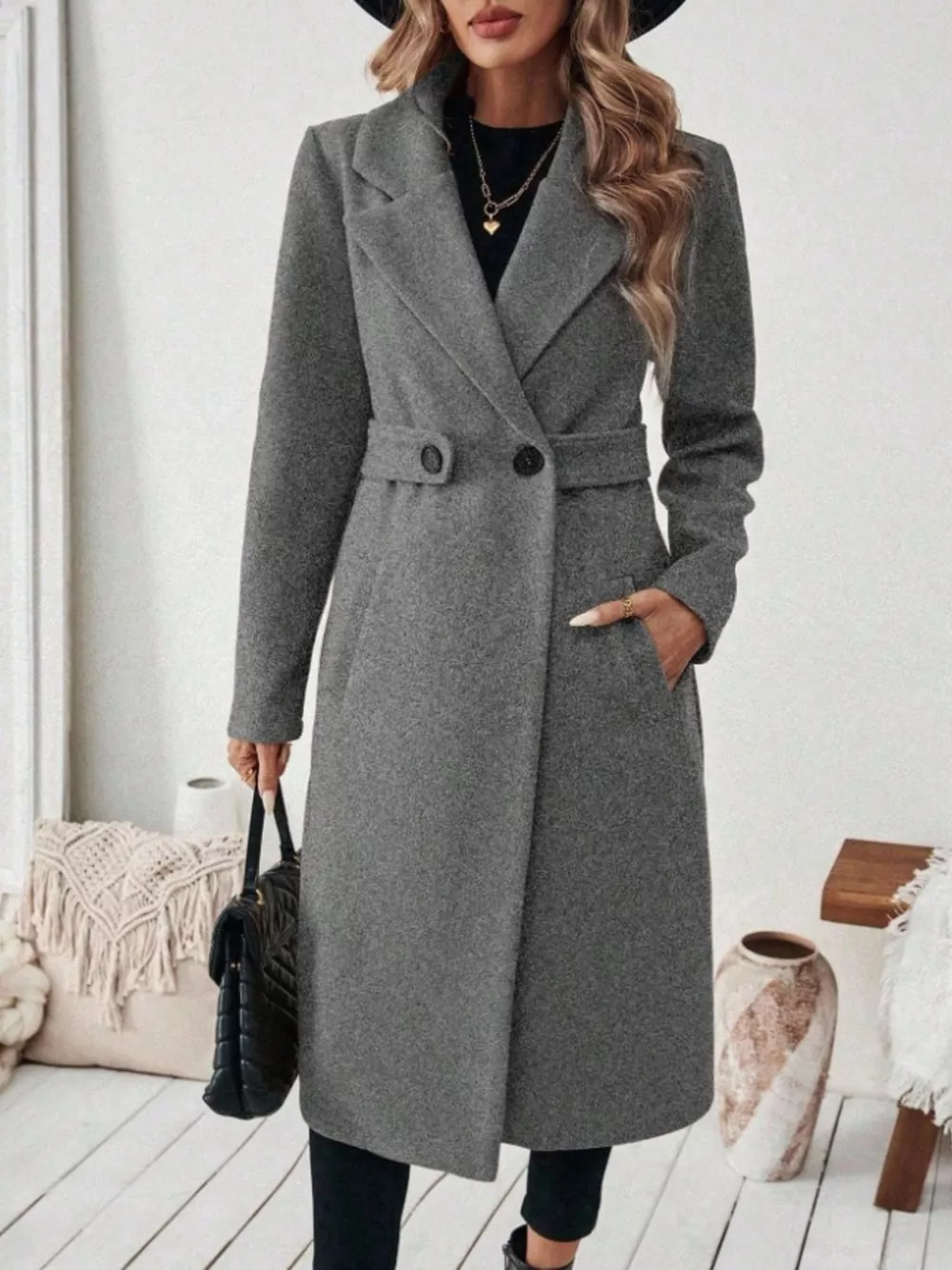 Full Size Elegant Lapel Collar Belted Coat with Pockets Plus Size