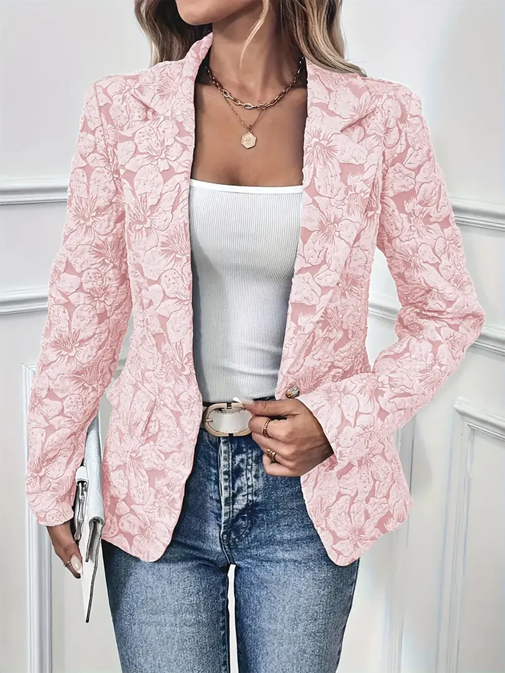 Floral Print Single Button Blazer with Pockets, image 2