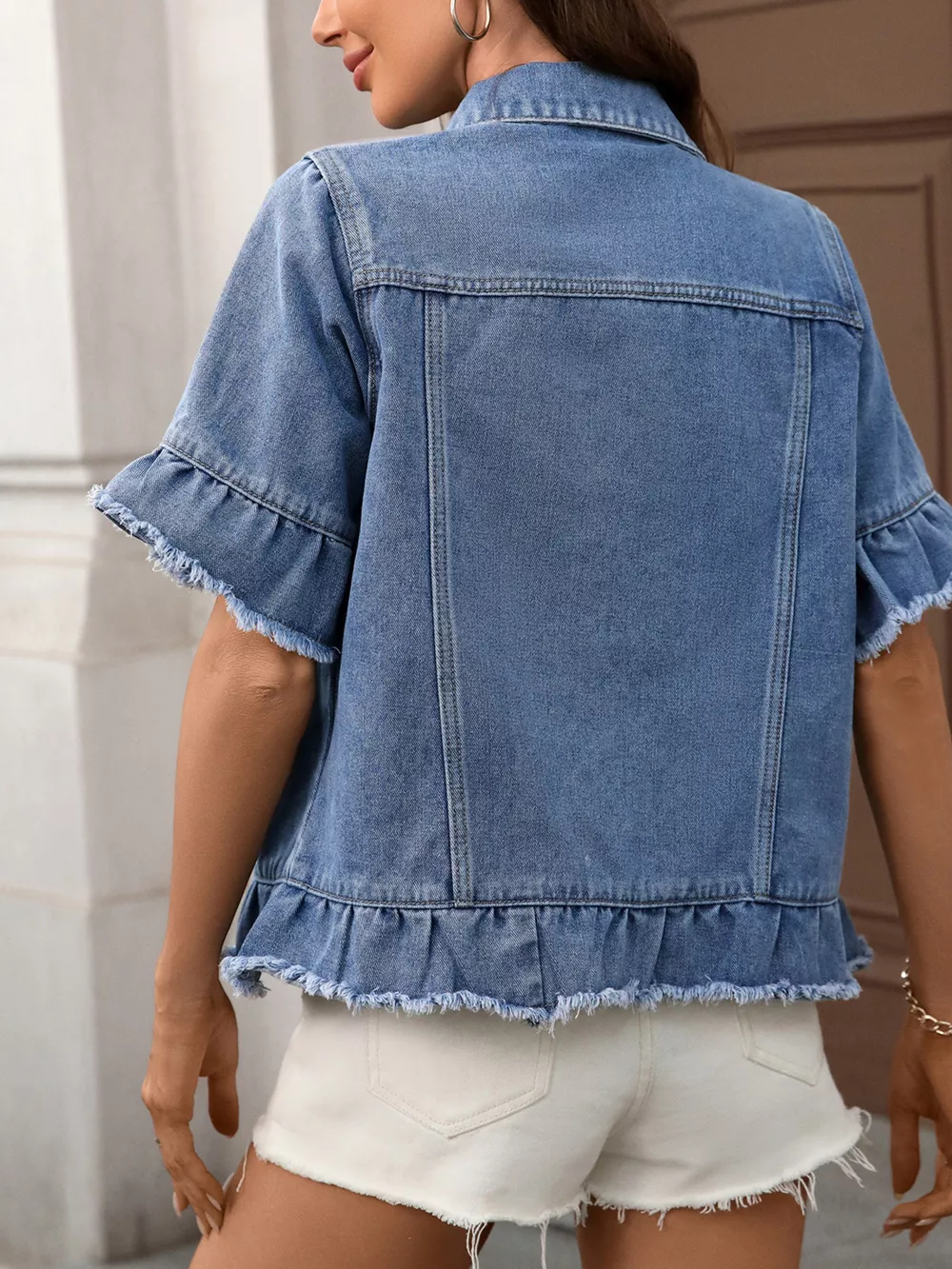 Raw Hem Button Up Denim Jacket, image 3