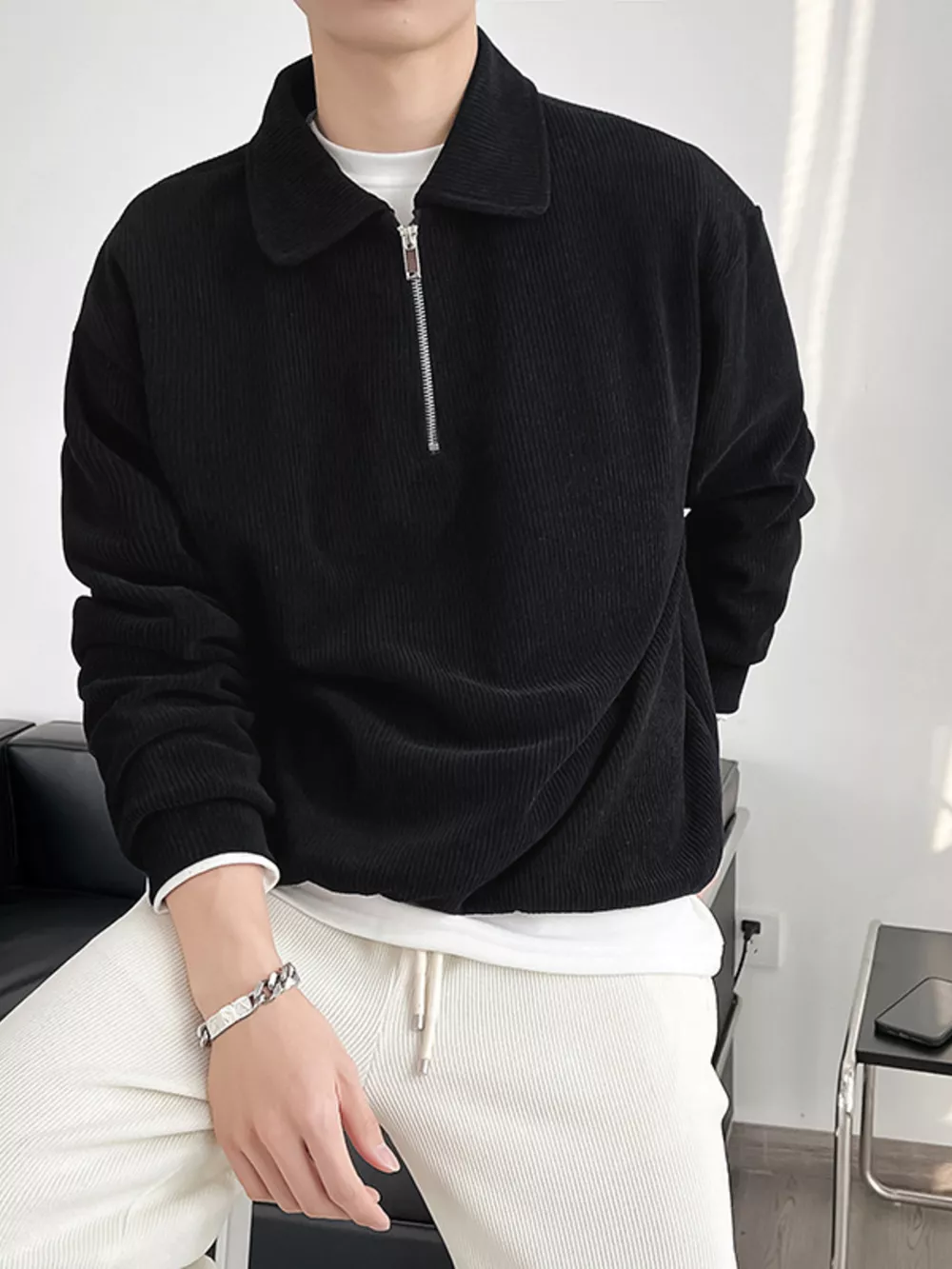 Men's Plus Size Corduroy Half-Zip Polo, image 3