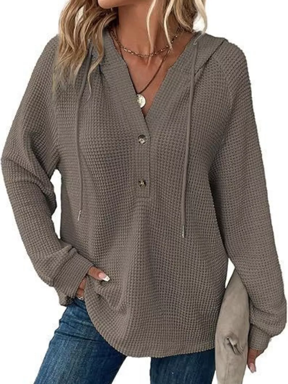 Full Size Button Detail Waffle Knit Hoodie Plus Size, image 28
