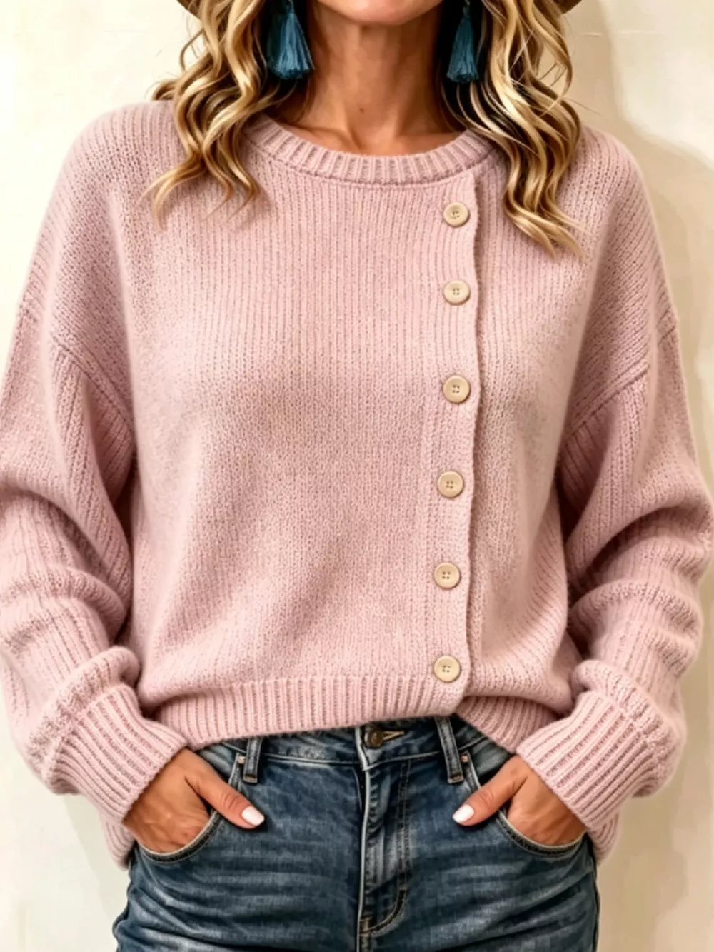 Decorative Button Dropped Shoulder Sweater, image 7