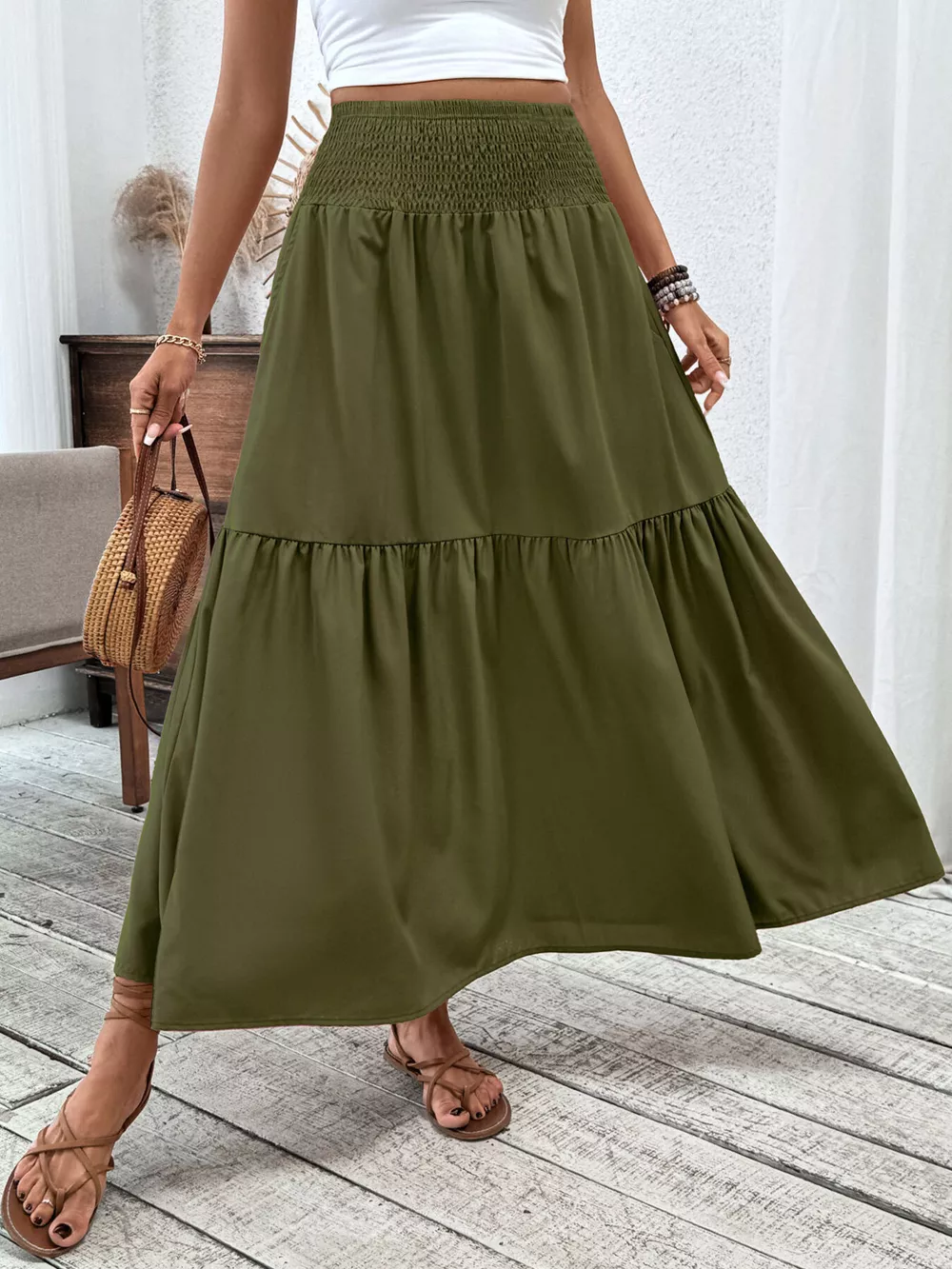 Smocked Waist Tiered Skirt