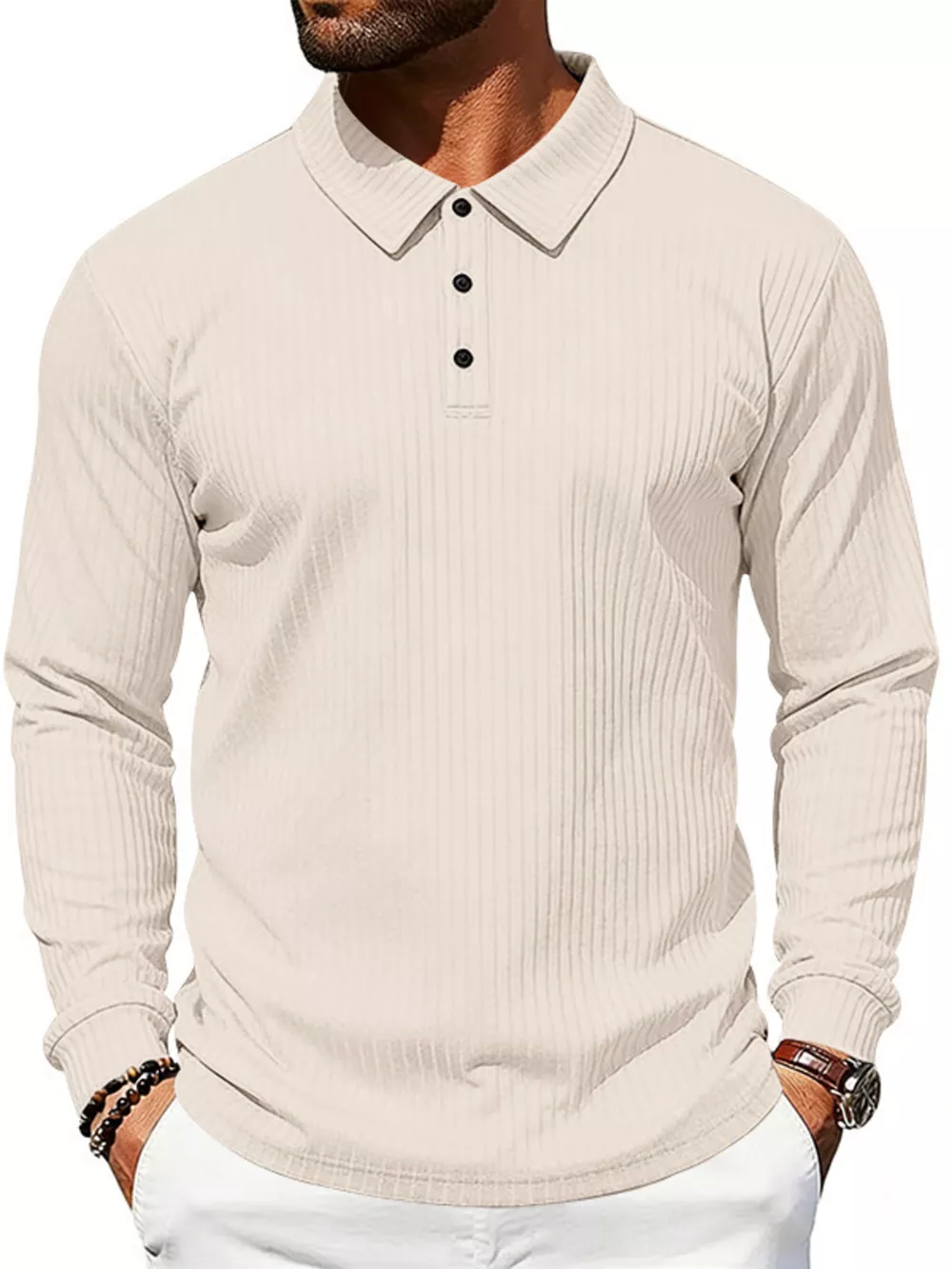 Men's Full Size Ribbed Long Sleeve Polo with Button Detail Plus Size