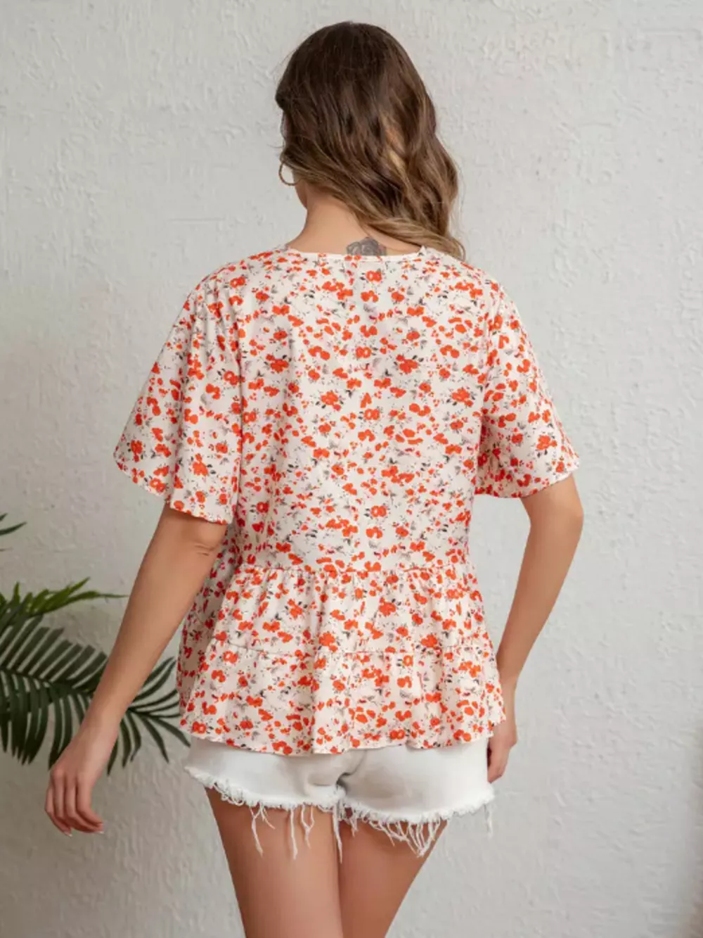 Floral Print V-Neck Ruffle Sleeve Peplum Blouse, image 4