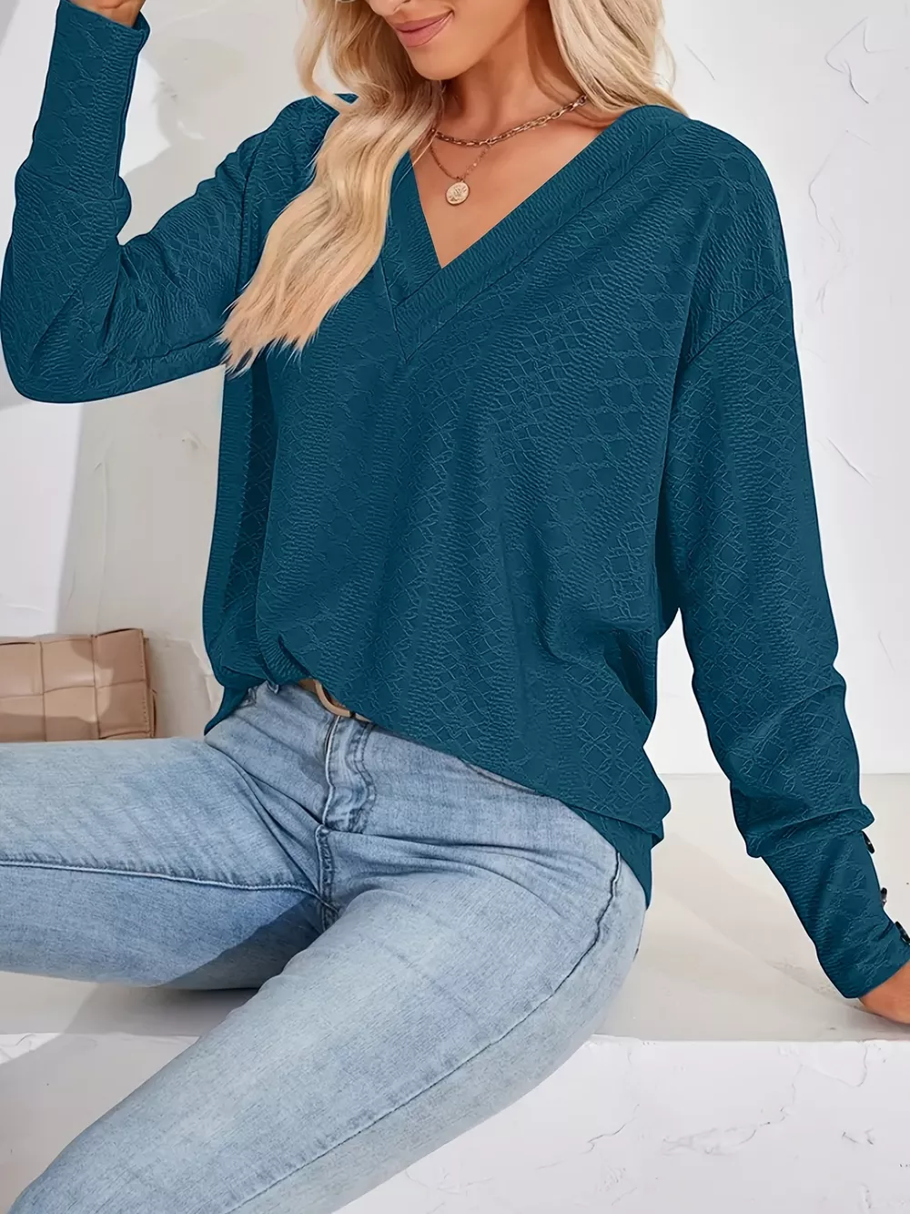Plus Size V-Neck Textured Long Sleeve T-Shirt, image 12