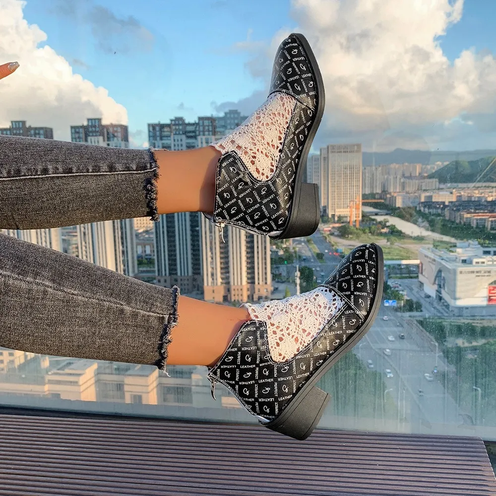 Printed Point Toe Block Heels Boots, image 5