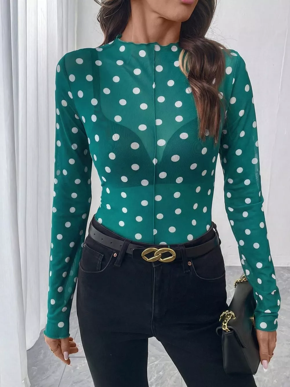 Sheer Polka Dot Long Sleeve Mock Neck Top, image 8