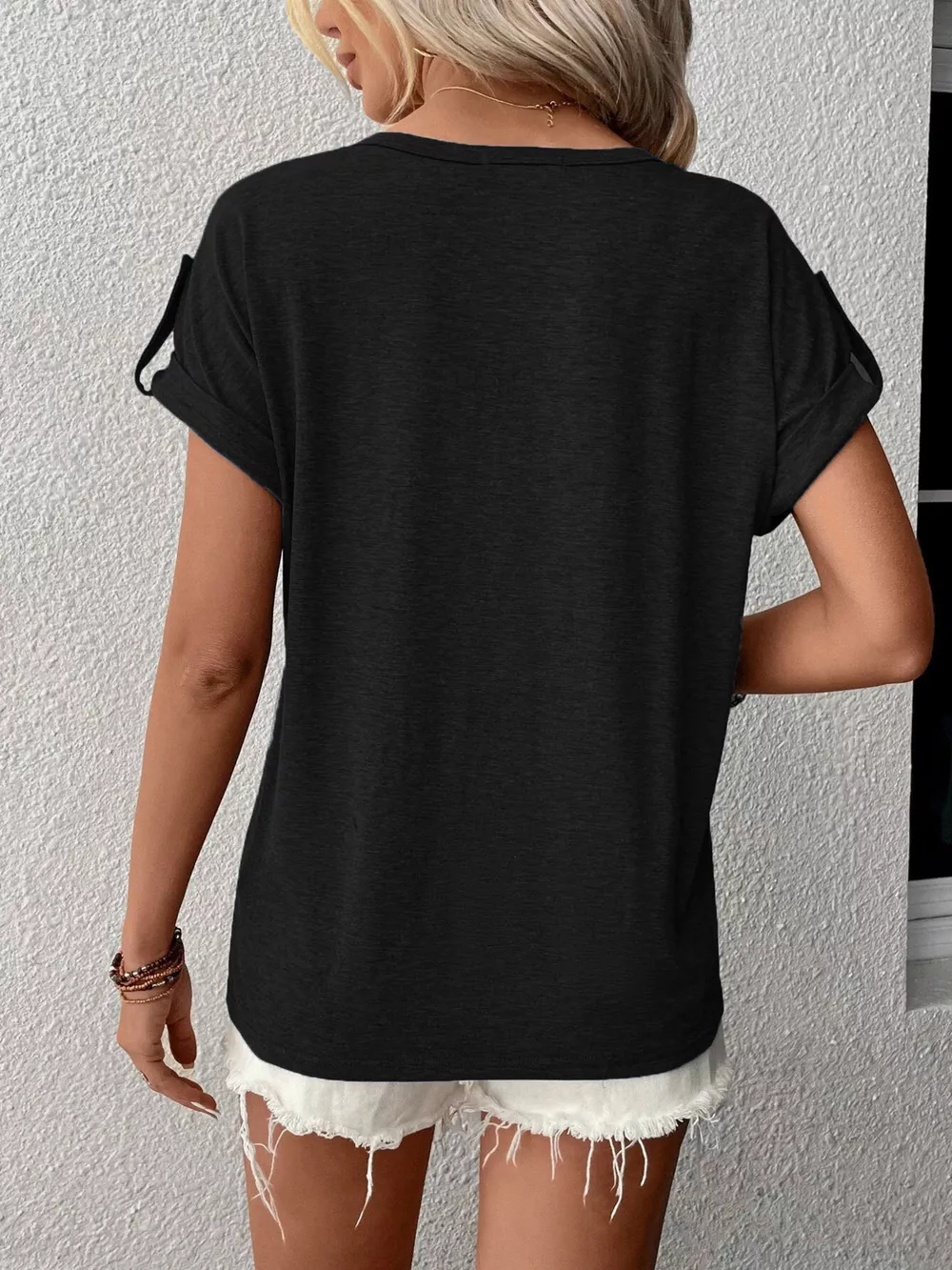 Full Size Casual V-Neck Henley Top with Rolled Sleeves Plus Size, image 6
