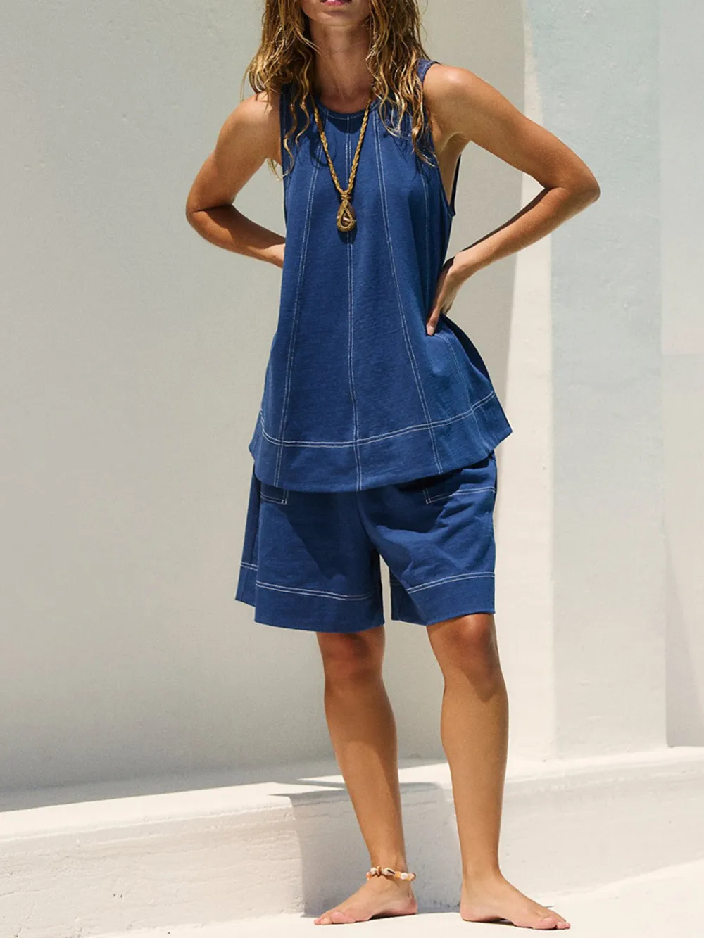 Casual Contrast Stitch Denim Tank Top and Shorts Set, image 4