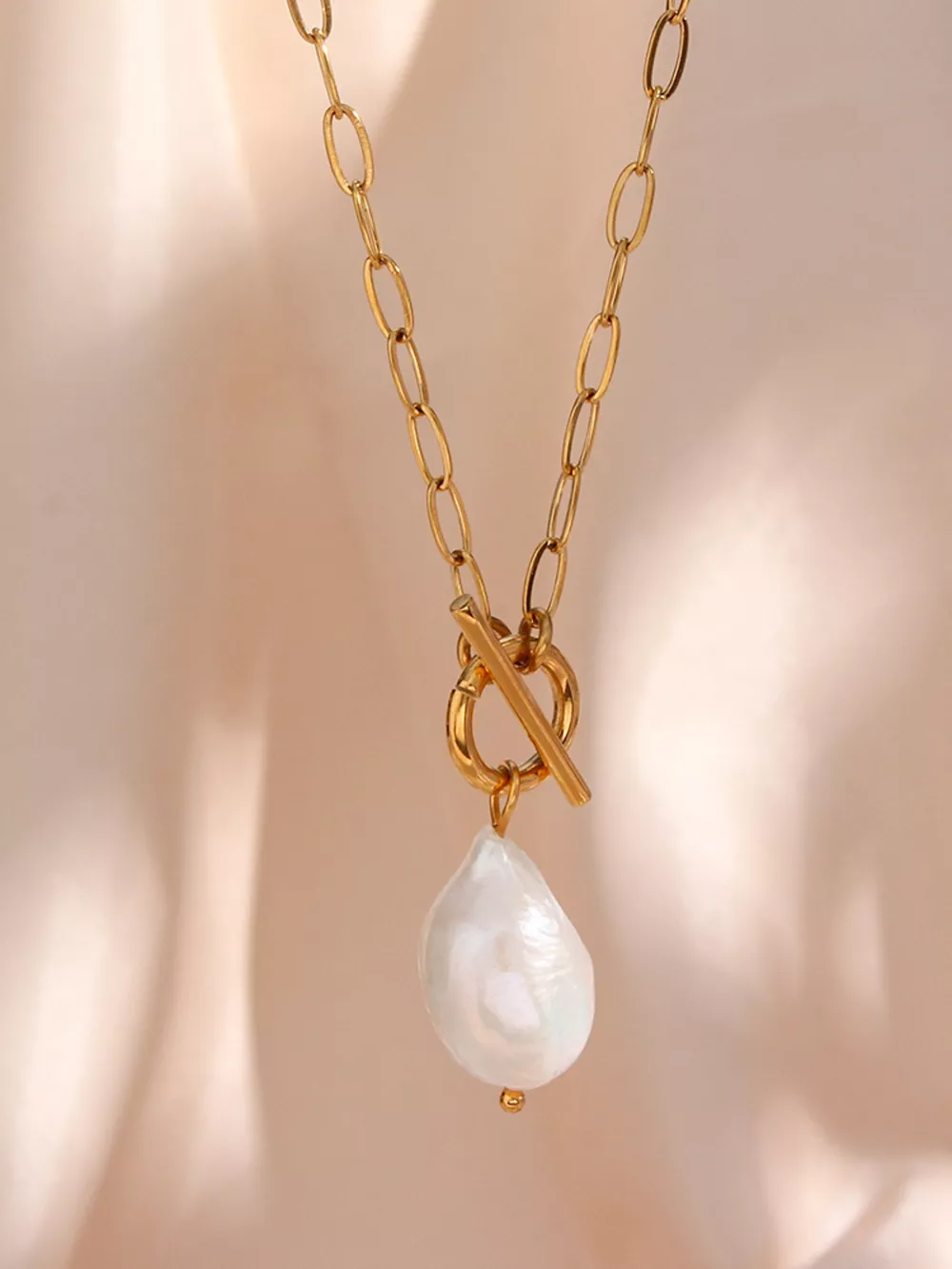 18K Gold-Plated Baroque Pearl Pendant Necklace, image 5
