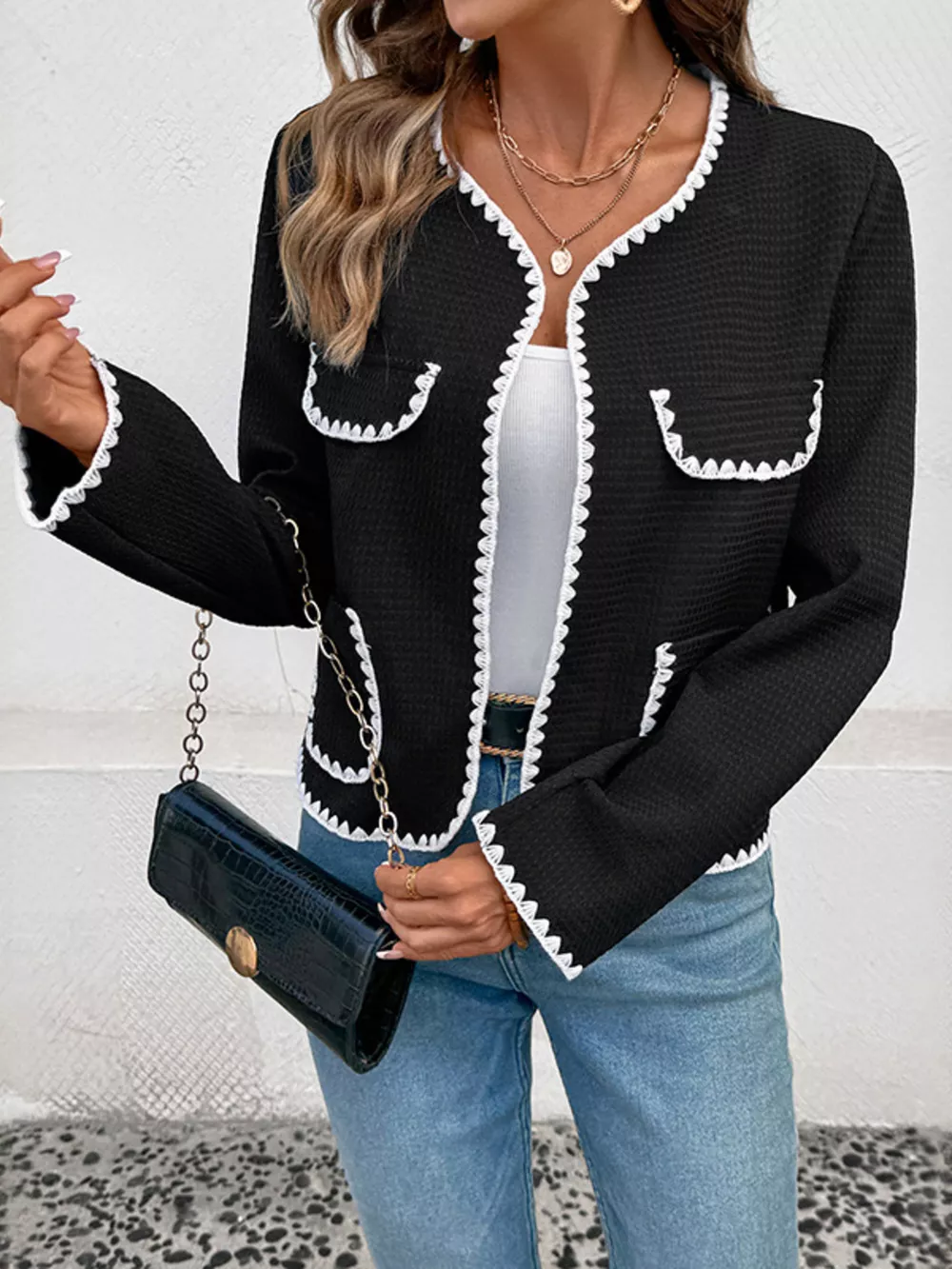 Contrast Trim Open Front Jacket, image 4