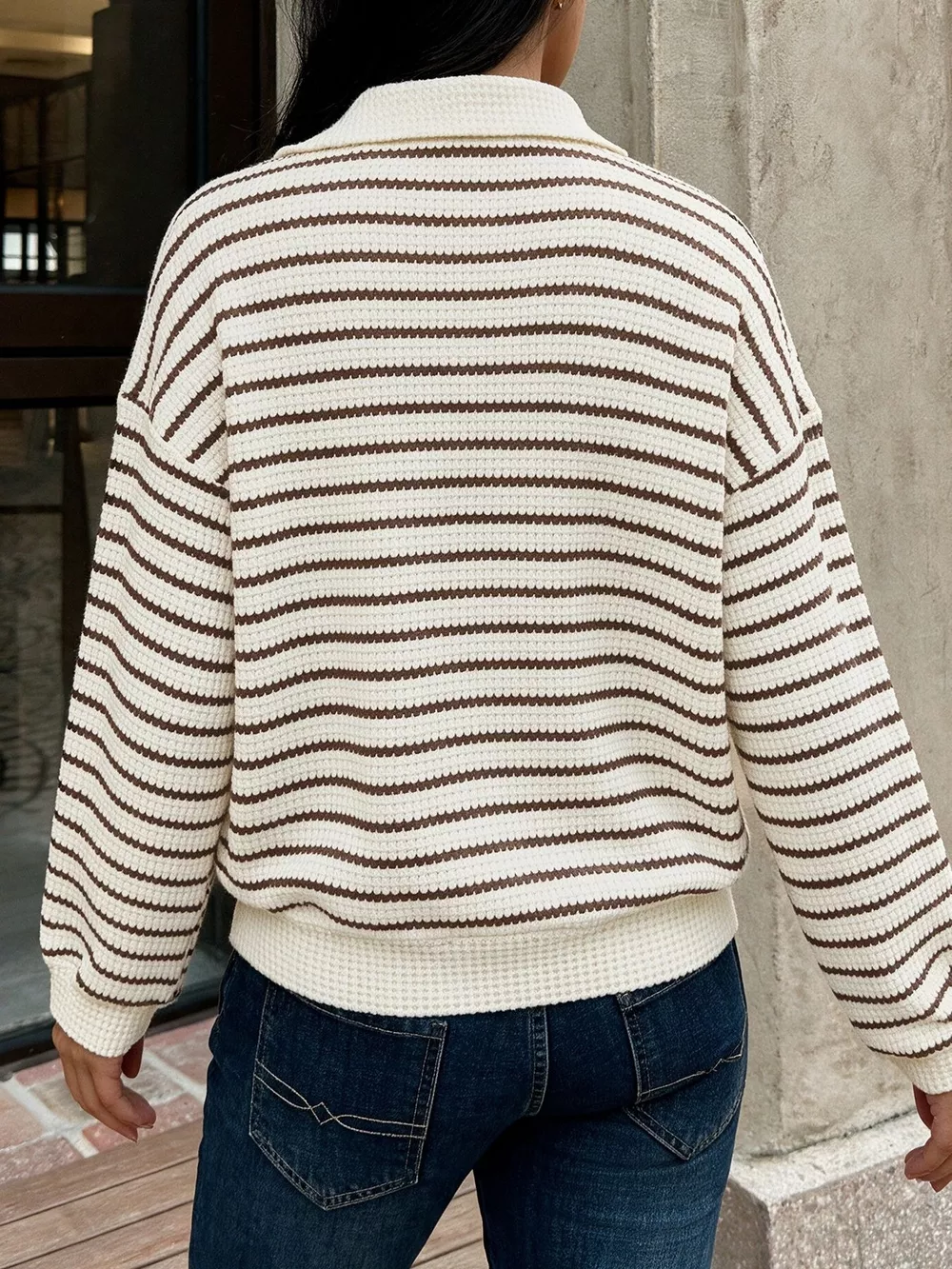 Striped Polo Collar Knit Sweatshirt, image 7