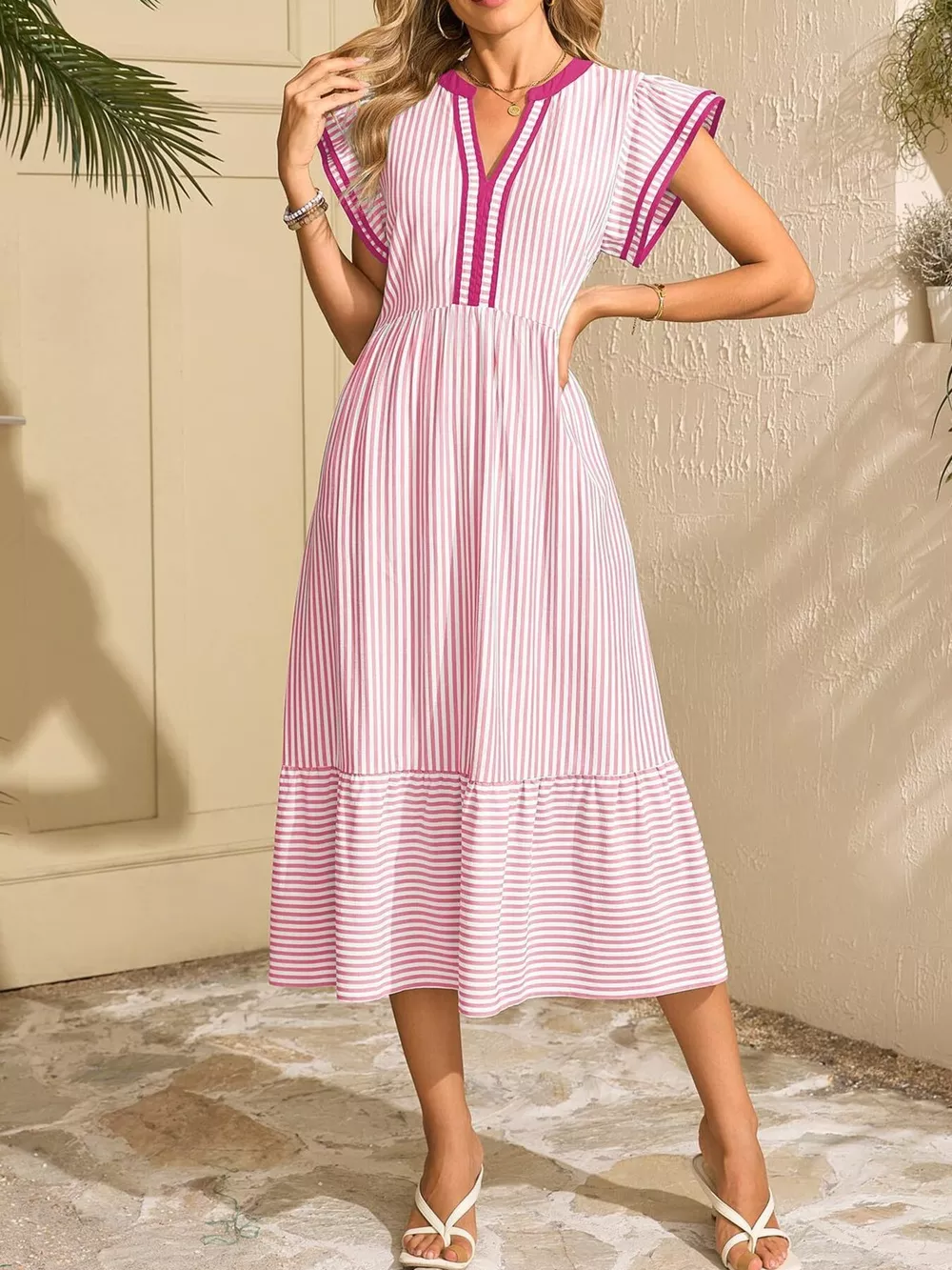 Striped Notched Ruffle Sleeve Dress, image 16