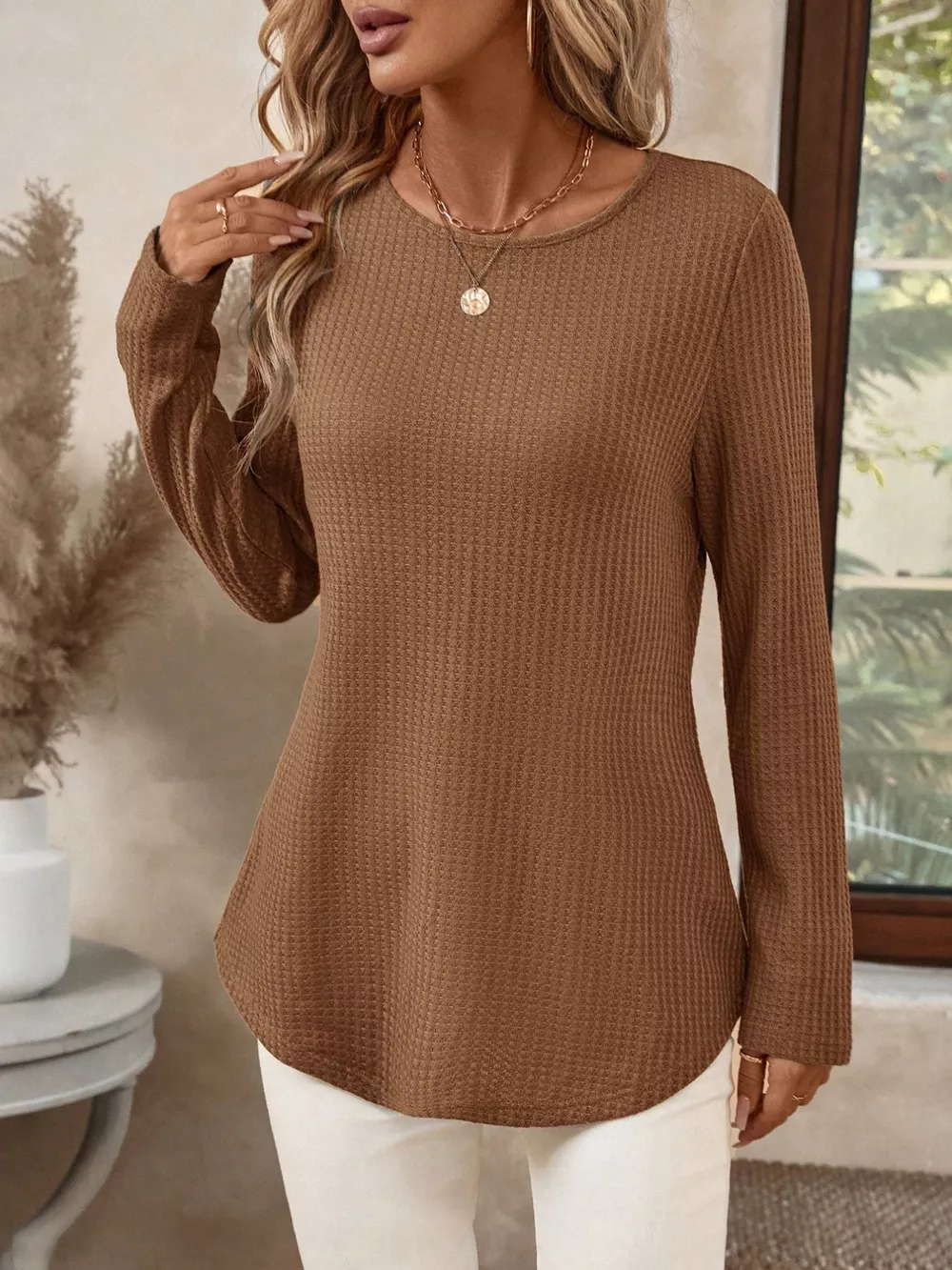 Plus Size Casual Waffle Knit Long Sleeve T-Shirt, image 18