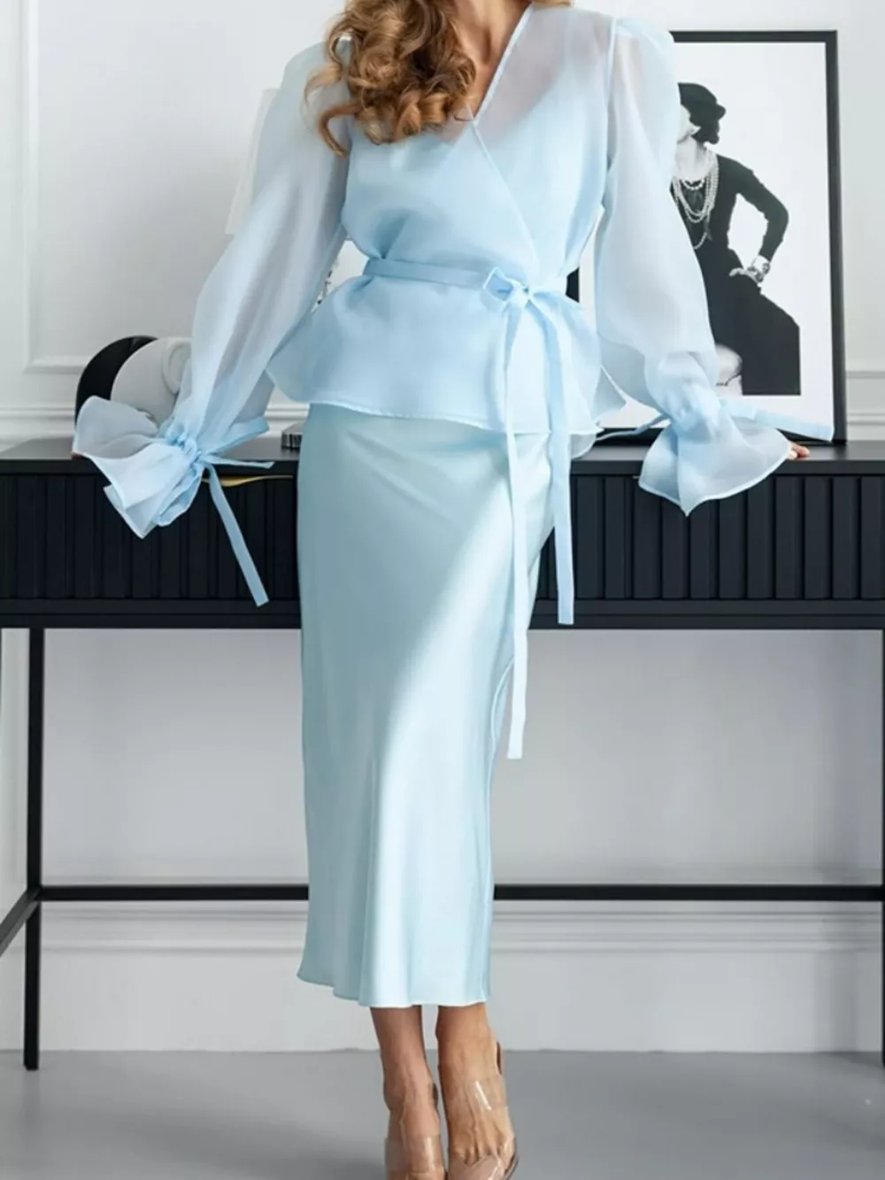 Flounce Sleeve Blouse and Satin Midi Skirt Two-Piece Set, image 10