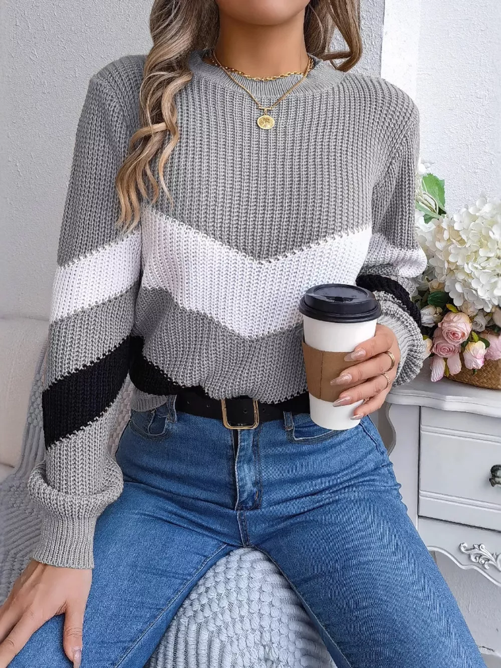 Chevron Stripe Color Block Round Neck Sweater, image 9