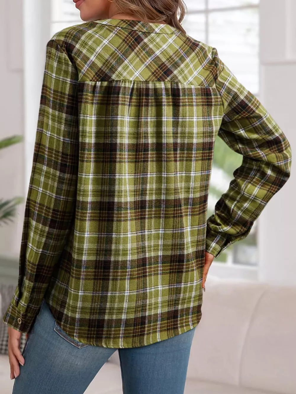 Plaid Half Button Long Sleeve Blouse, image 4