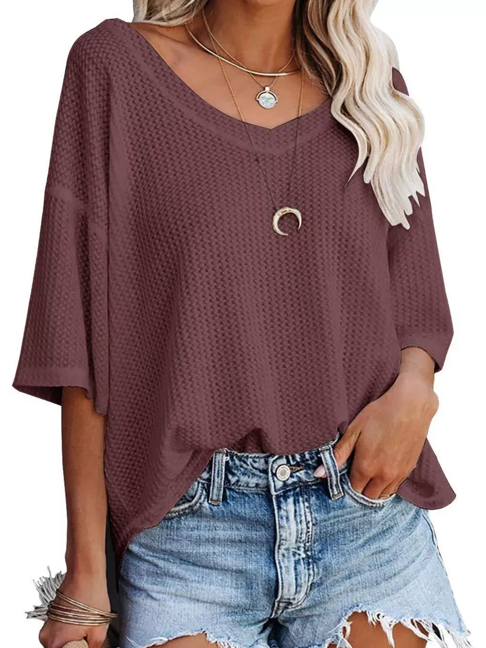 Waffle Knit V-Neck Short Sleeve T-Shirt, image 22