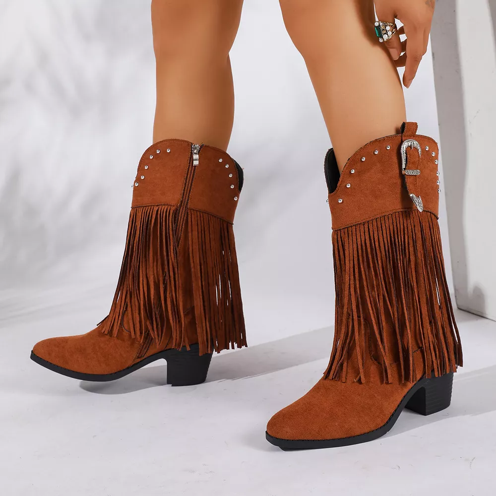 Fringe Round Toe Block Heels Boots, image 7