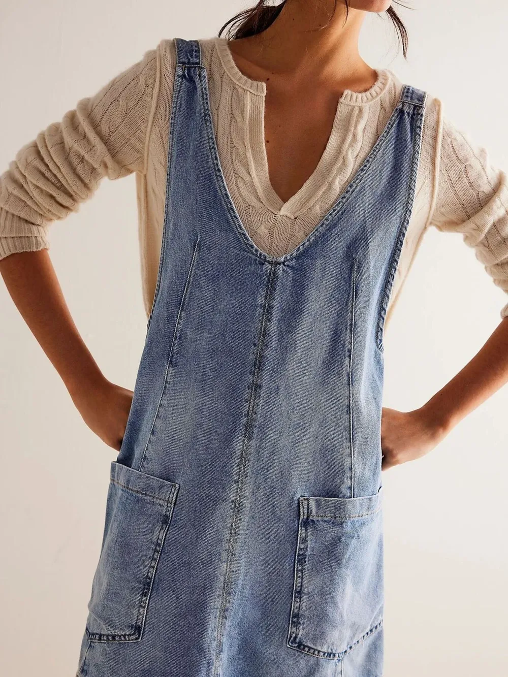 Oversized V-Neck Denim Tank Dress with Front Pockets, image 8
